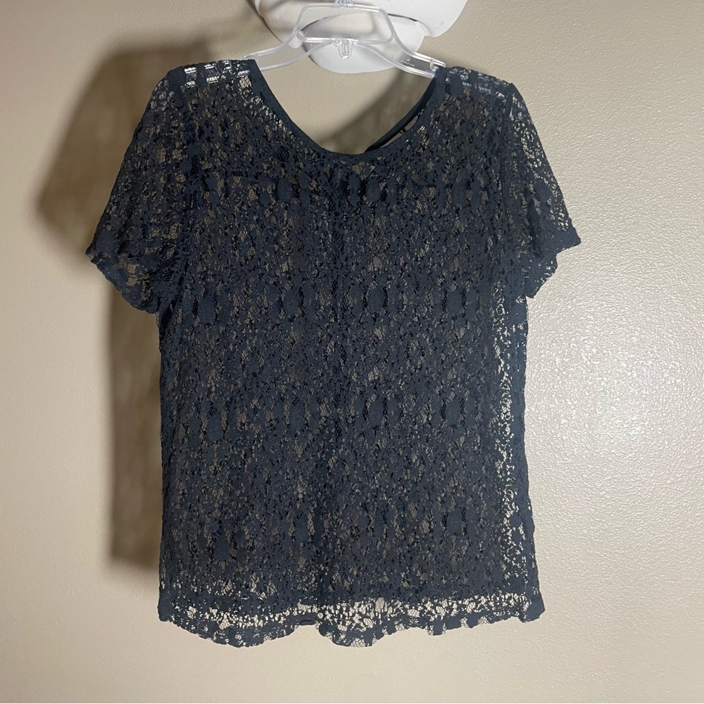 14th and Union Black Sheer Lace Short Sleeve Top